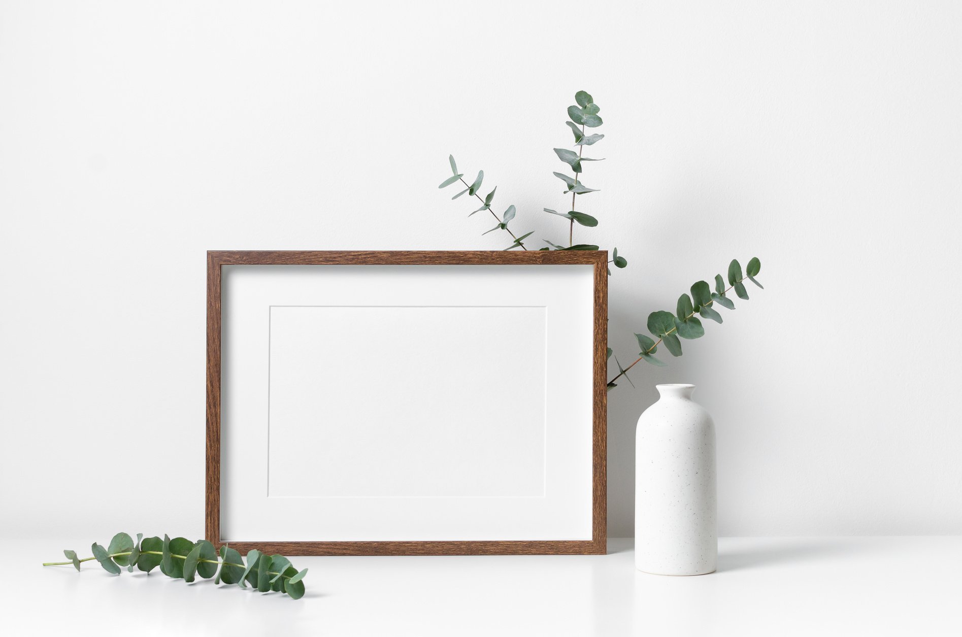 Wooden landscape frame mockup with passepartout